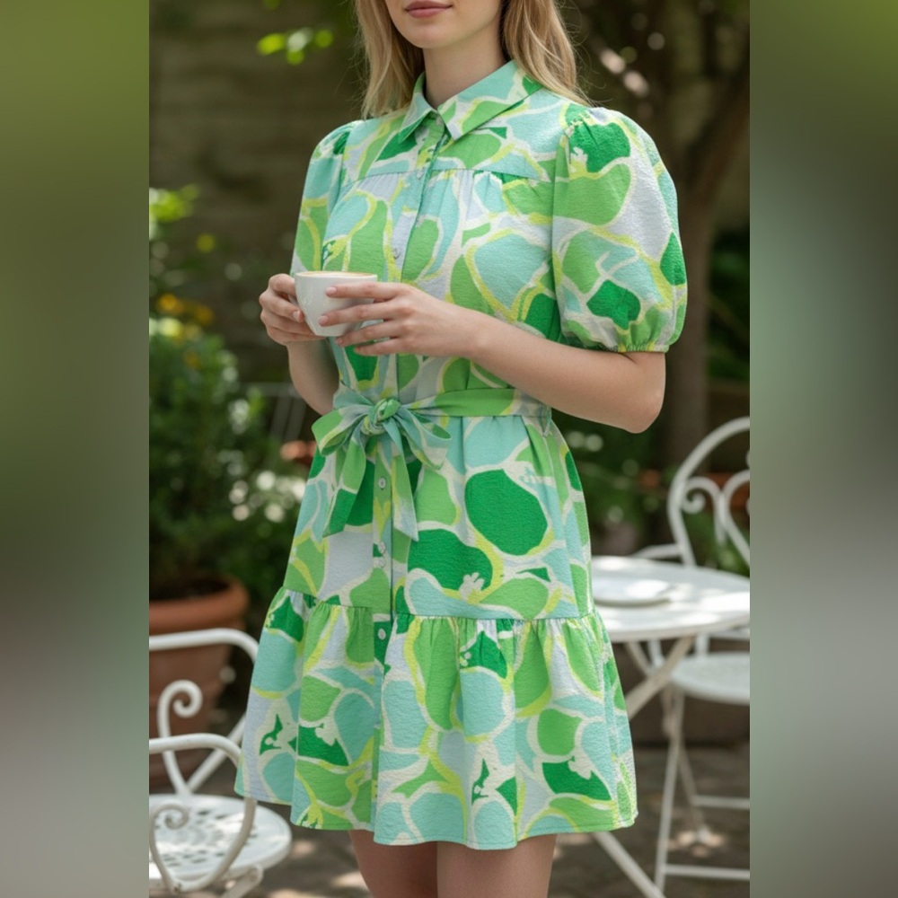 Periwinkle Collection green abstract print mini shirt dress Size Medium